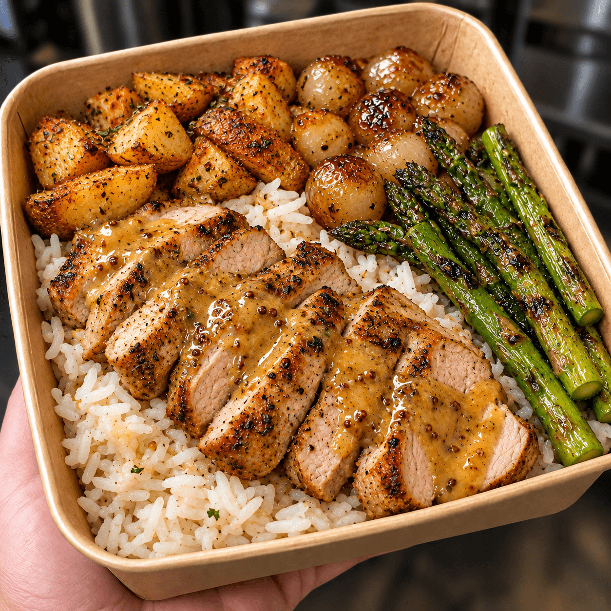 Grilled honey Dijon pork with rice, roasted potatoes, glazed pearl onions and asparagus.